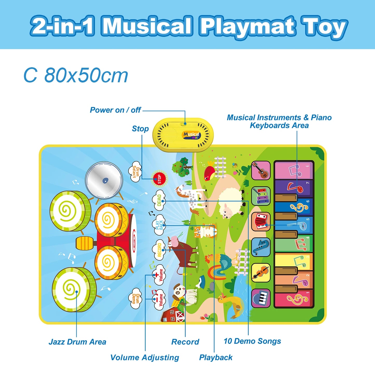 80x50cm Music Play Mat for Kids Toddlers Floor Piano Keyboard Drum Toys Dance Mat with 6 Instruments Sounds Educational Toys
