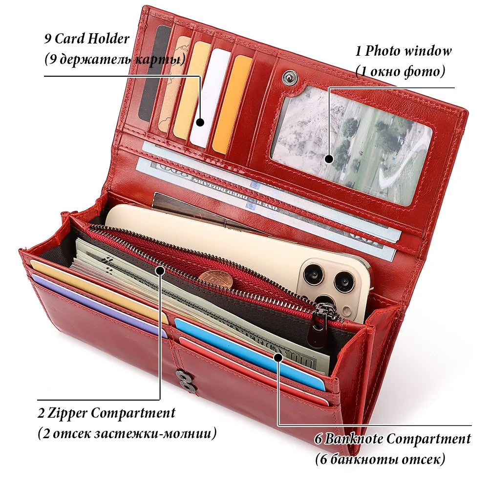 2024 Women's Clutch Bag Genuine Leather Wallets Fashion Female Cell Phone Purse RFID Blocking Credit Card Holder with Zipper Pocket