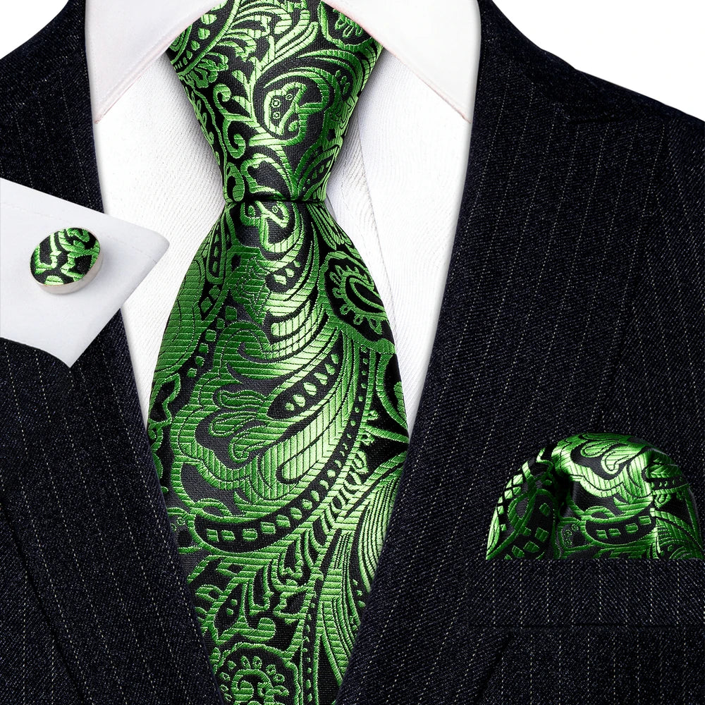 Fashion Silk Men Tie Green Teal Blue Solid Paisley Striped Plaid Floral Animal Necktie Handkerchief Cufflinks Set Barry. For Wedding
