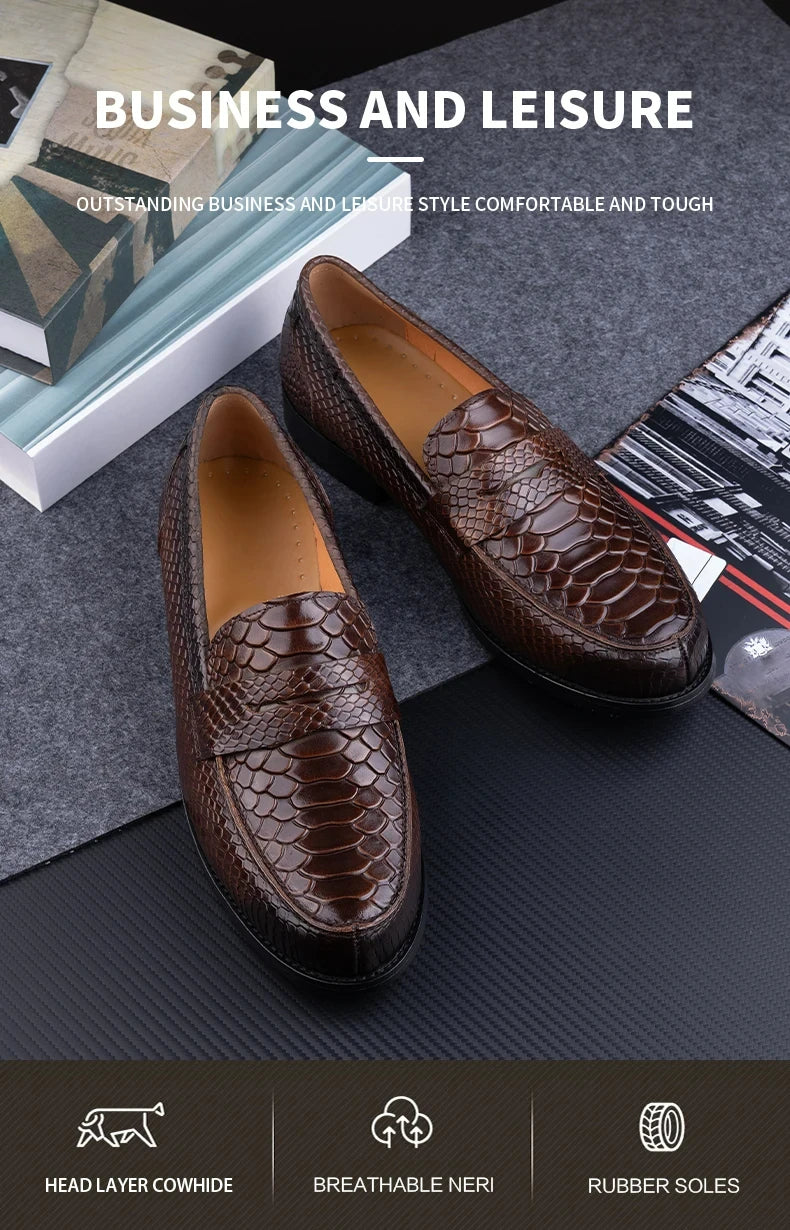 New Collection 2024-2025 Snake Printing Leather Men Shoes Loafers Design Slip on Daily Casual Shoe Genuine Cowhide Handmade Sewing Comfortable Dress Shoe