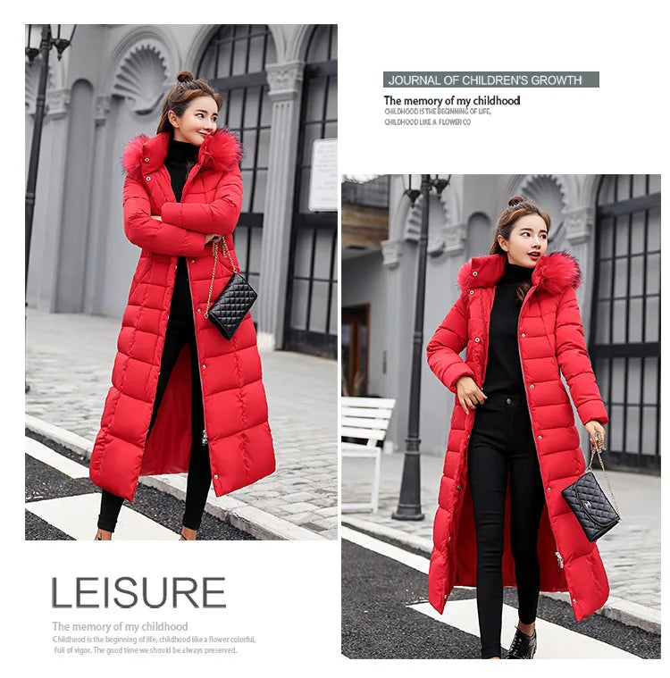New 2024 - 2025 X-Long Down Jacket Women Casual Thick Warm Padded Coat Winter Loose Solid Hooded Parkas Lady Korean Fashion Solid Long Overcoa
