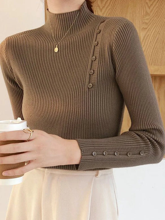 Women Knitted Sweater Long Sleeve Button Turtleneck Slim Pullovers for Autumn Winter 2024 Female Sweaters Soft Warm Bottoming Tops