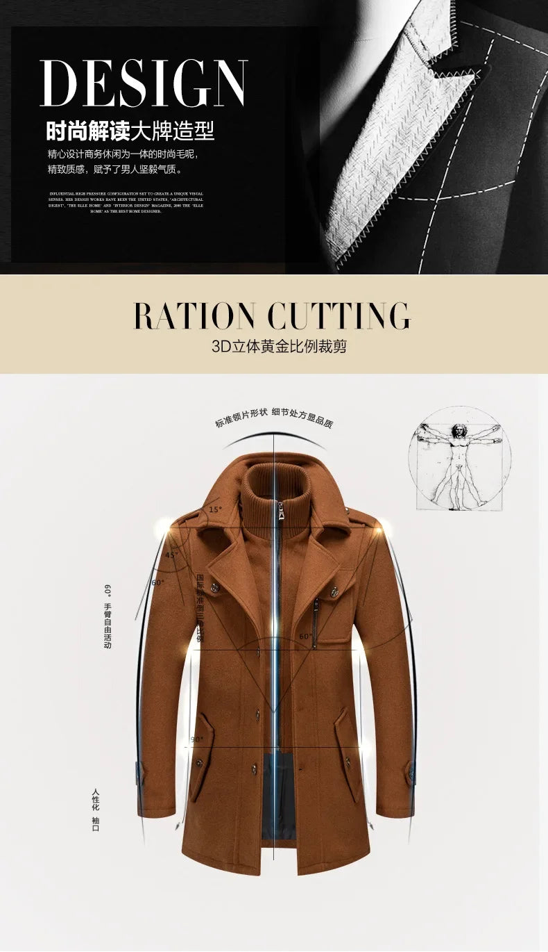 New Collection 2024-2025 Winter Mens Woollen Jacket High-quality Business Casual Jackets Male Long Style Stand Collar Solid Color Thicken Warm Wool Coats