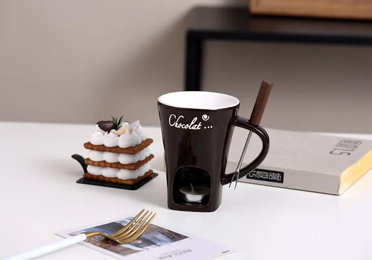 Ceramic Chocolate Cup European Candle Cup Cheese Chocolate Melting Ceramic Mug Heating Food Ceramic Mugwith Fork Creative Mugs
