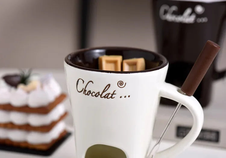 Ceramic Chocolate Cup European Candle Cup Cheese Chocolate Melting Ceramic Mug Heating Food Ceramic Mugwith Fork Creative Mugs