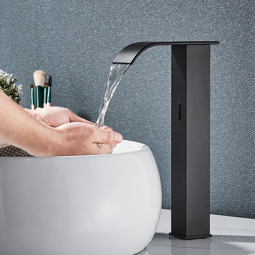 Rozin Black Smart Sensor Bathroom Basin Faucet Touchless Automatic Sense Mixer Tap Waterfall Hot Cold Water Washbasin Crane FREE SHIPPING