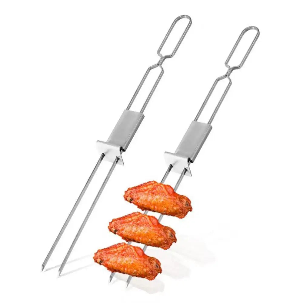 1Pcs BBQ Stick Semi-automatic Barbecue Fork Barbecue Sticks Shrimps Push Bar Skewer BBQ Shrimp Grilling