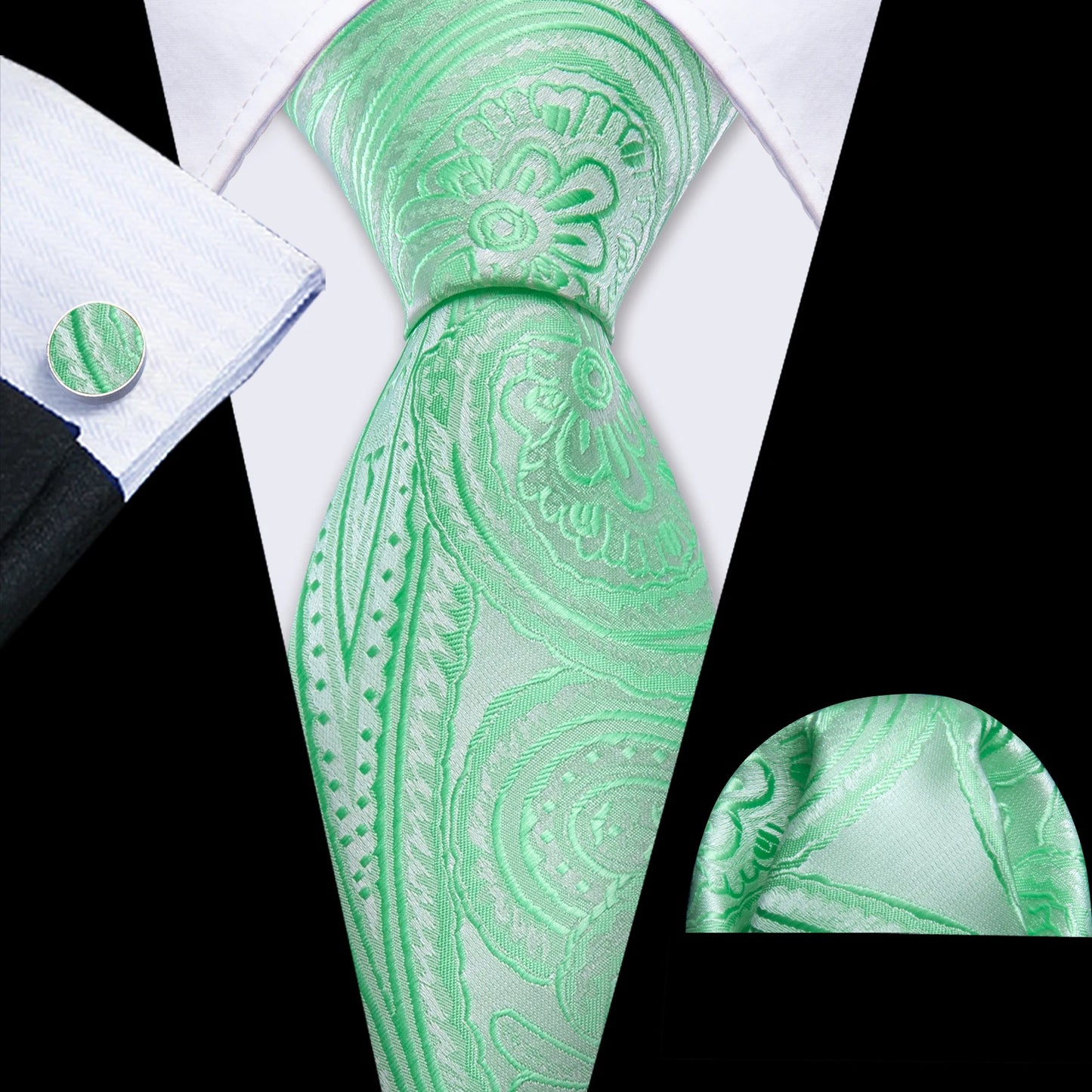 Fashion Silk Men Tie Green Teal Blue Solid Paisley Striped Plaid Floral Animal Necktie Handkerchief Cufflinks Set Barry. For Wedding
