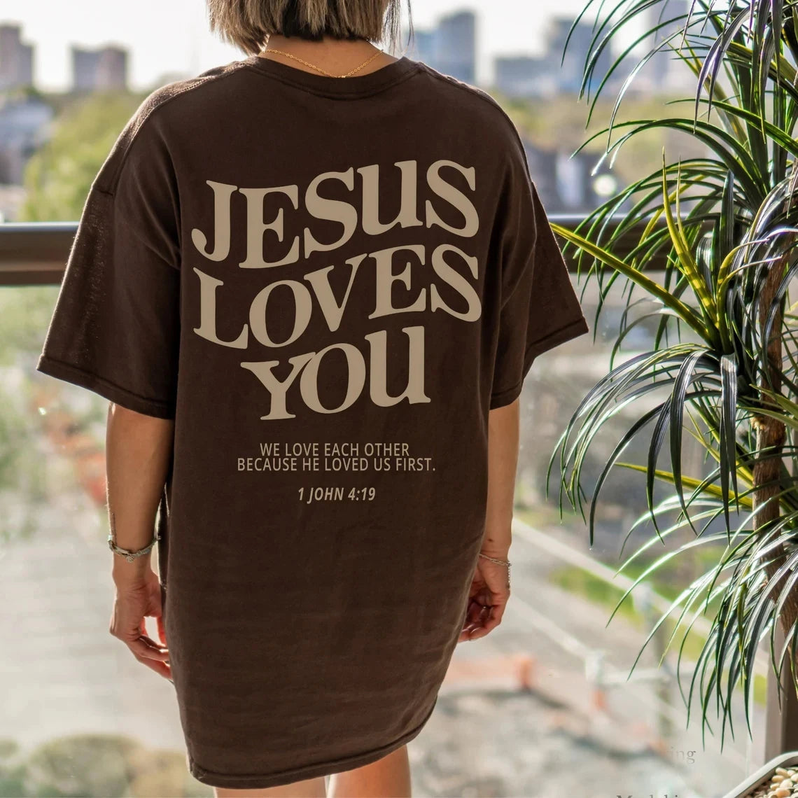 JESUS-CHRIST Loves You Christian Oversized T-Shirt we love each other Loose Tee Women Trendy Casual cotton Aesthetic Top