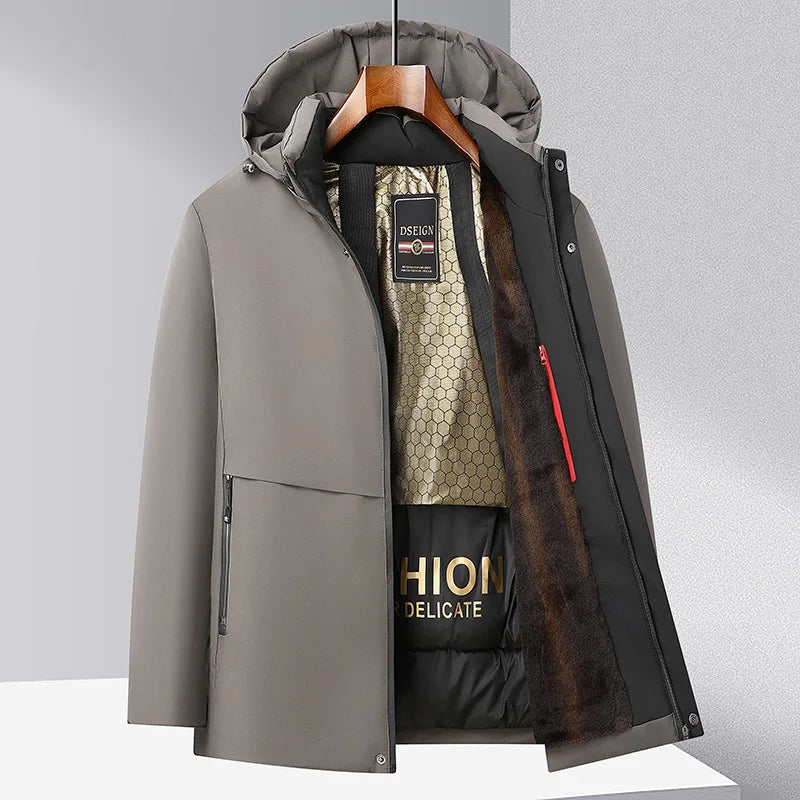 Men Winter  2025-2026 Thick Warm Parka Coat Fleece Inside Male Solid Color Hooded Thick Jacket  Men's Middle Long Coat Size