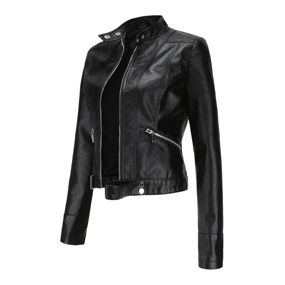 Spring Autumn Stand Collar Ladies Thin Leather Outerwear 2024 New Style Women's Leather Jacket Short Slim Fit