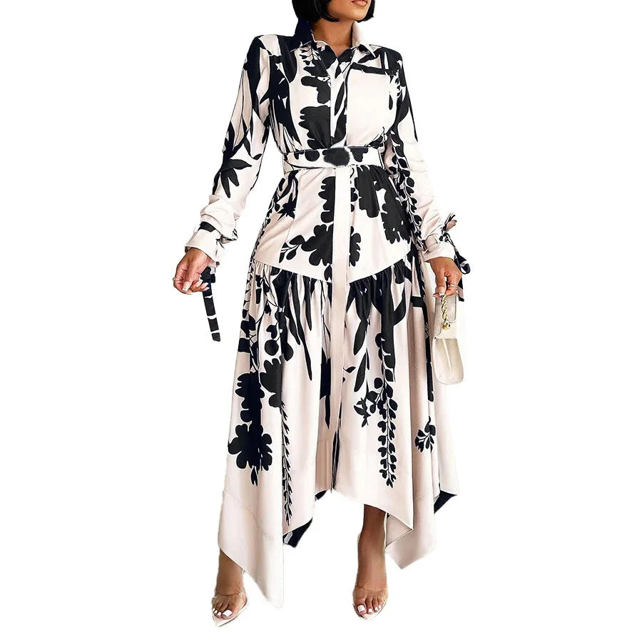 Brand New collections 2024-2025 Elegant Shirts Dresses for Women Printed Turn Down Collar Full Sleeve Belt Waisted Asymmetric Fashion Ladies Birthday Vestidos