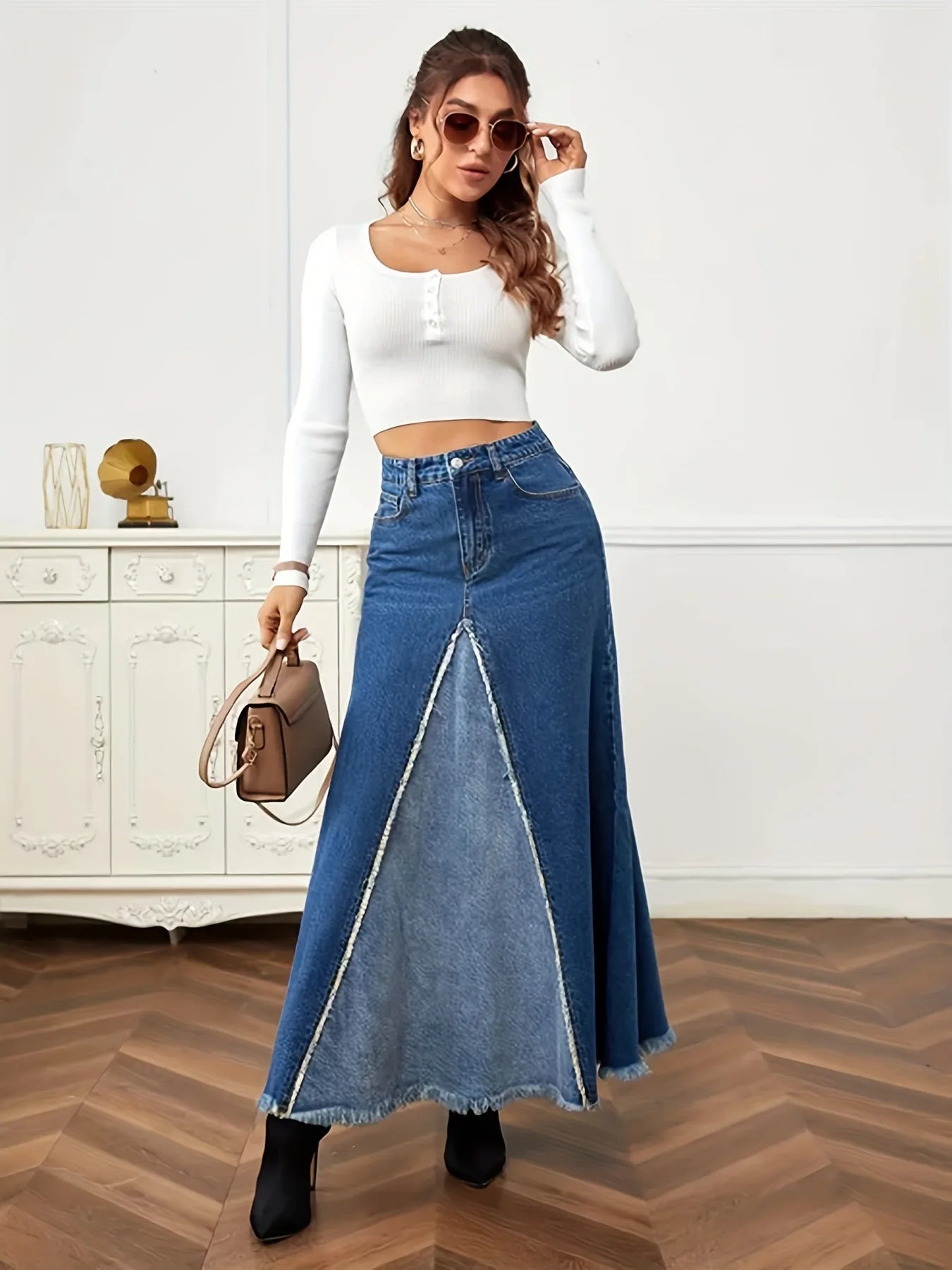 2024 Autumn New Women's Denim Long Skirt Fashion Loose Spliced Denim Swing Skirt Female Casual Clothes XS-L