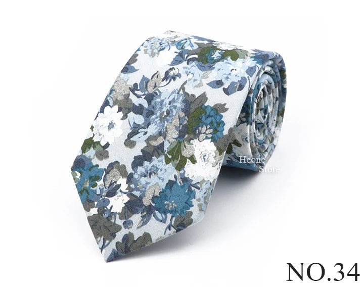 New Chic Floral Tie For Men 2025 100% Cotton Beautiful Elegant Flower Necktie White Blue Narrow Skinny Wedding Casual Cravat
