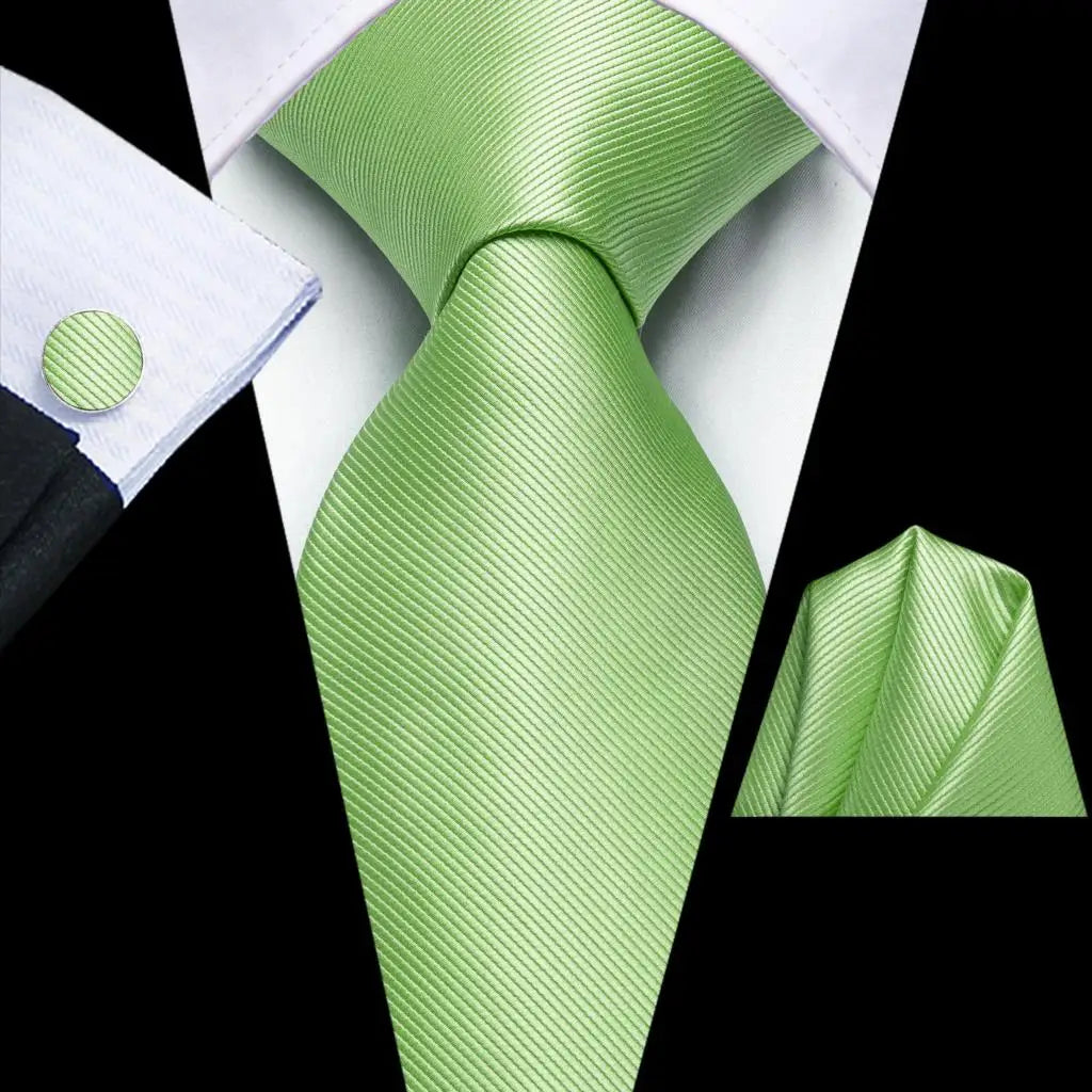 Hi-Tie Solid Green Orange Mens Fashion Necktie Handkerchief Cufflinks for Tuxedo Accessory Classic Silk Luxury Tie for Man Gift