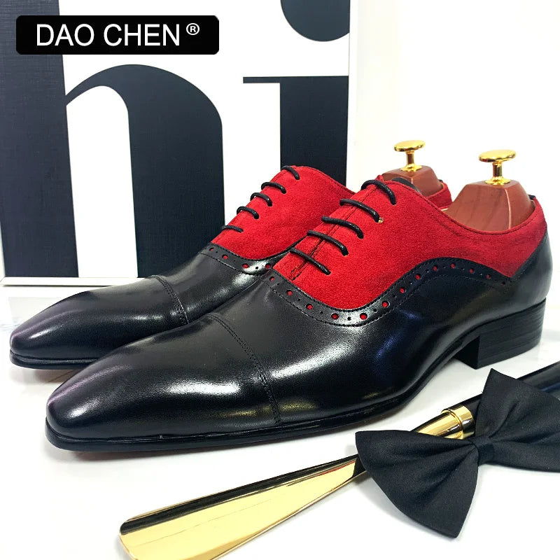 NEW 2024 LUXURY MEN'S OXFORD SHOES LACE UP BLCK MIXED RED SUEDE CASUAL MENS DRESS SHOES REAL LEATHER OFFICE WEDDING SHOES FOR MEN