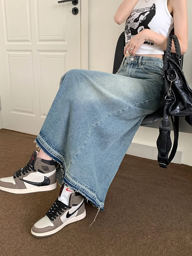 REDDACHiC Y2k Stitch Long Denim Skirt Blue Plain High Waist Midi Maxi Jeans Skirt USA Dongdaemun Women 90s Vintage Streetwear