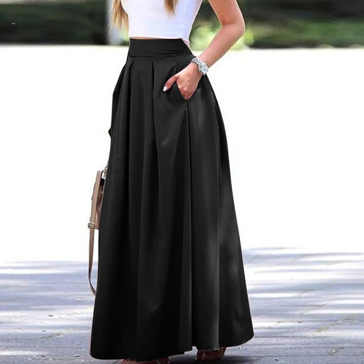 Women's Large Solid Women Satin Silk Long Skirts Cotton Solid Elegant Loose Sundress Femme Elastic Waist Oversized Casual Dresse