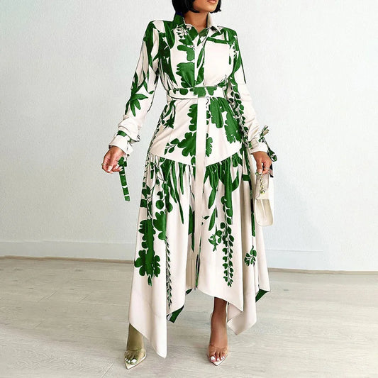 Brand New collections 2024-2025 Elegant Shirts Dresses for Women Printed Turn Down Collar Full Sleeve Belt Waisted Asymmetric Fashion Ladies Birthday Vestidos