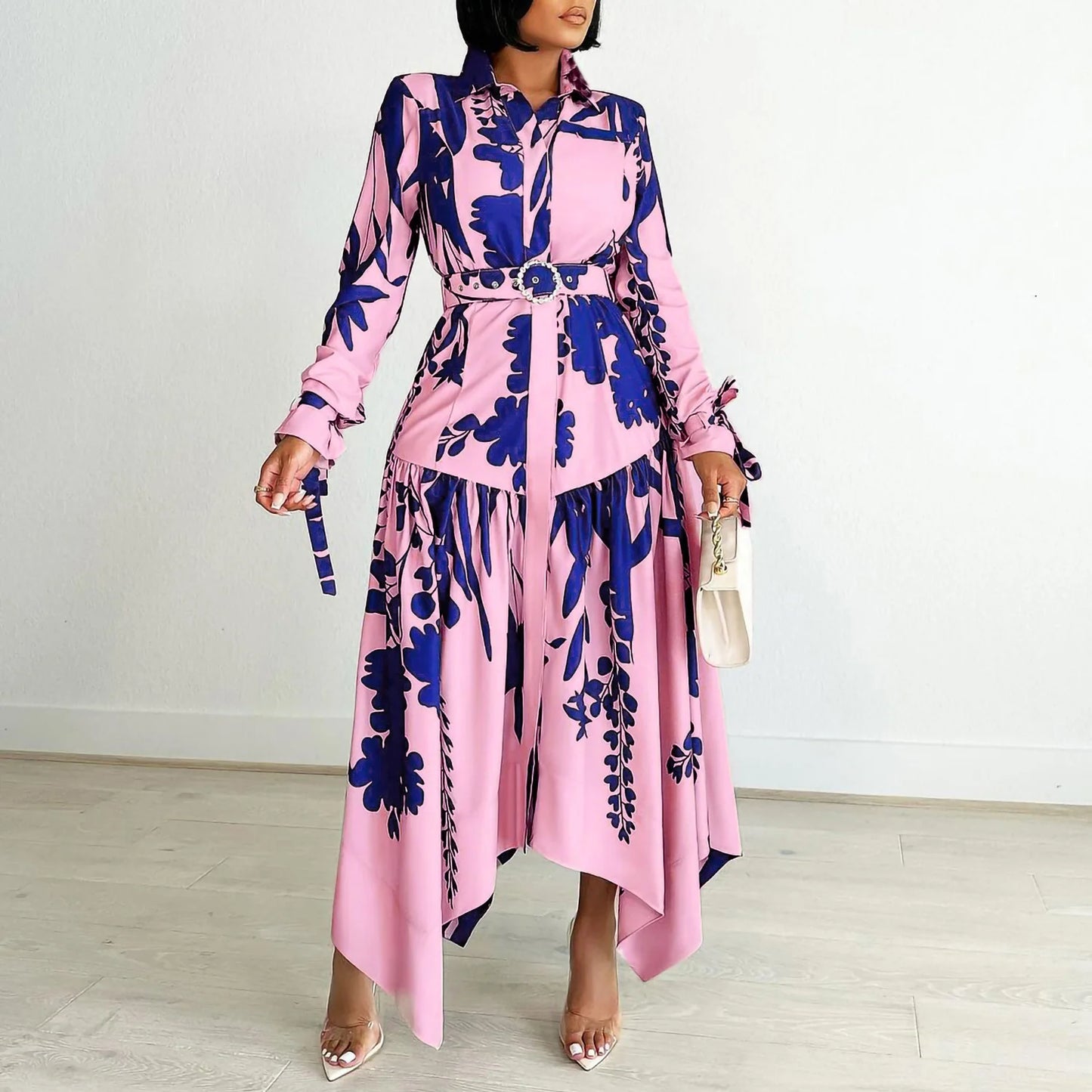 Brand new collection 2024-2025 Europe Plus-size Women's Fashion Fashion New Temperament Printed Irregular Lapel Dress Y2k Dress