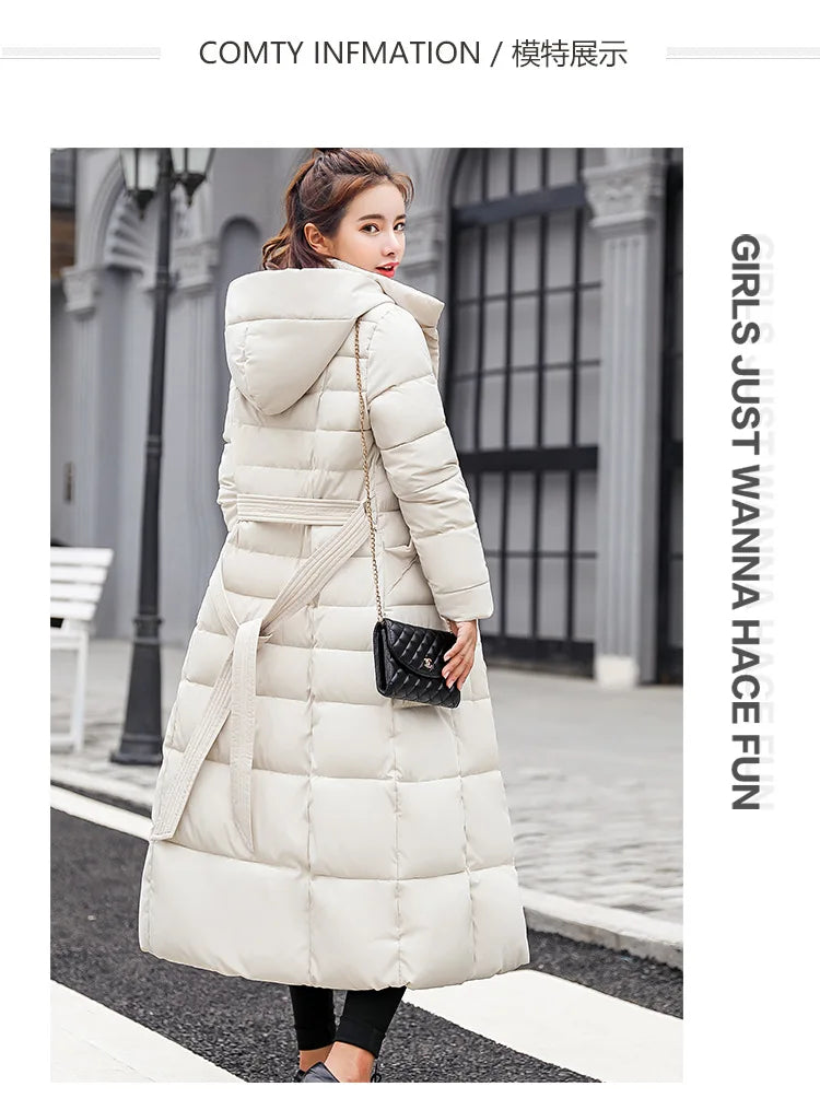New 2024 - 2025 X-Long Down Jacket Women Casual Thick Warm Padded Coat Winter Loose Solid Hooded Parkas Lady Korean Fashion Solid Long Overcoa