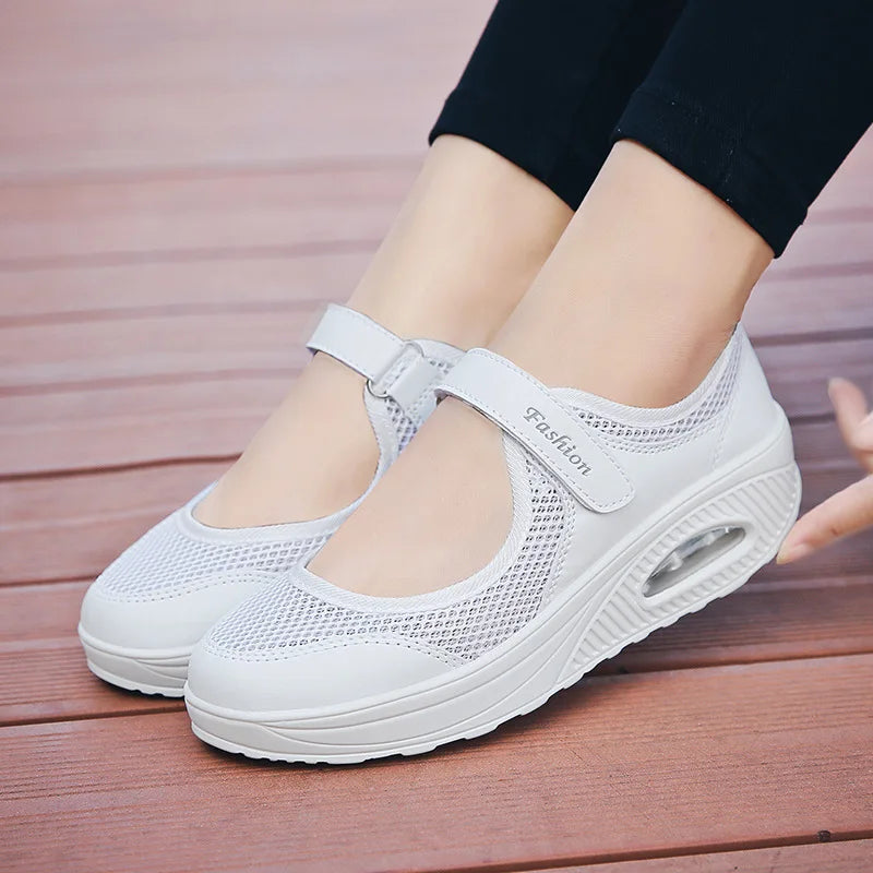 New Women Tennis Shoes New Hook Loop Air Cushion Shoe Non-slip Sole Breathable Female Casual Increase Footwear Outdoor Walk Sneakers