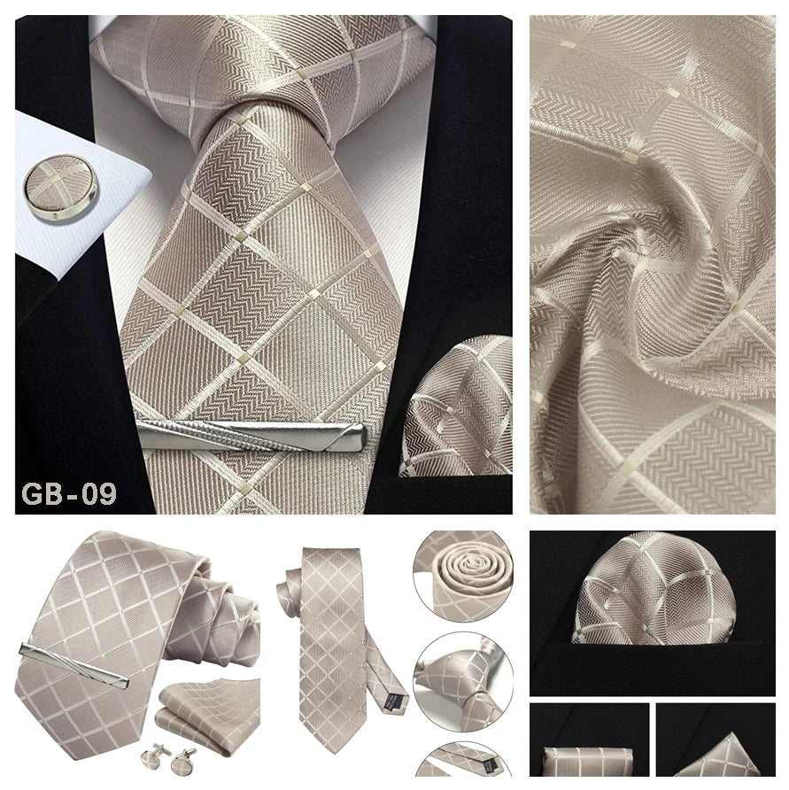 100% Silk Ties for Men Plaid & Checks Tie Clip Handkerchief Woven Classic Men's Necktie Pocket Square Set Formal Wedding Ties