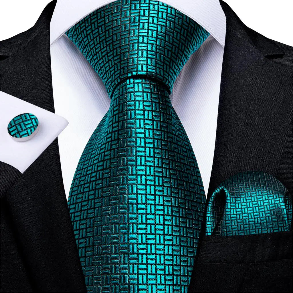 DiBanGu Mens Necktie Teal Green Blue Solid Design Silk Wedding Tie For Men Hanky Cufflinks Tie Set Fashion Bussiness Party