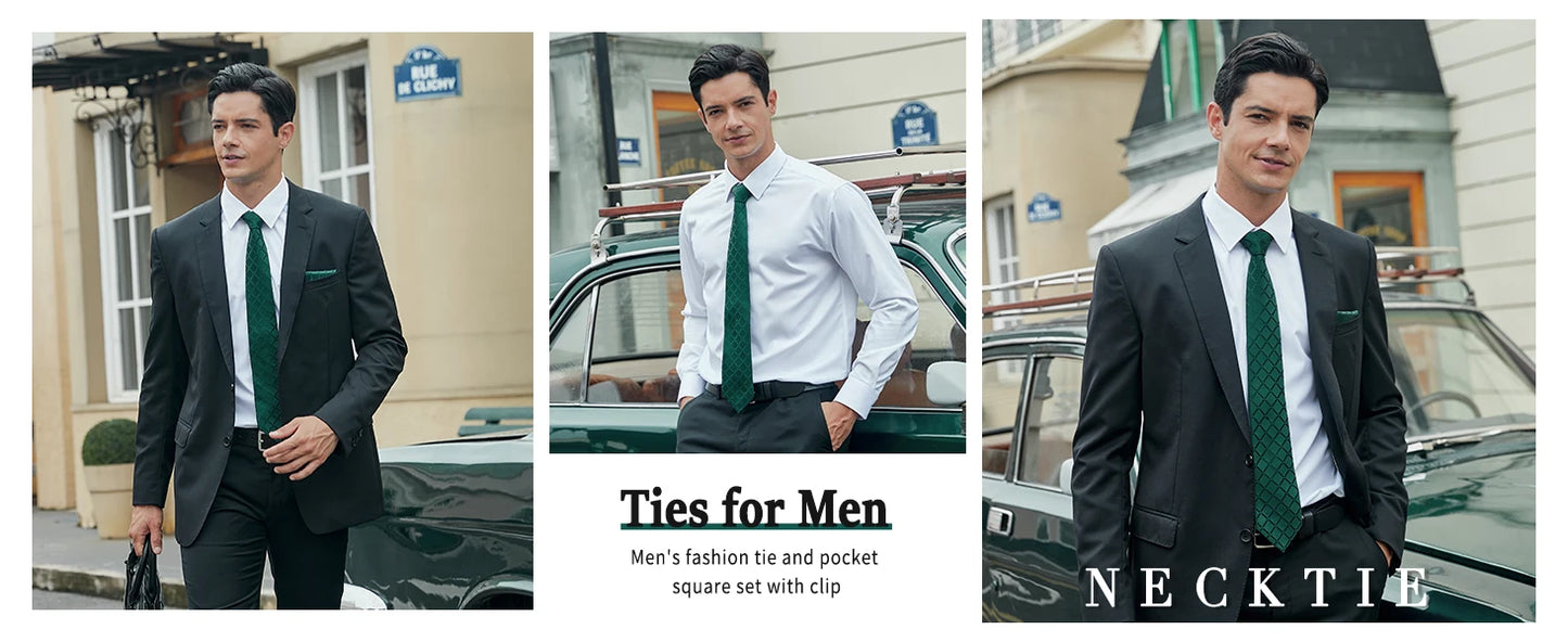 100% Silk Ties for Men Plaid & Checks Tie Clip Handkerchief Woven Classic Men's Necktie Pocket Square Set Formal Wedding Ties