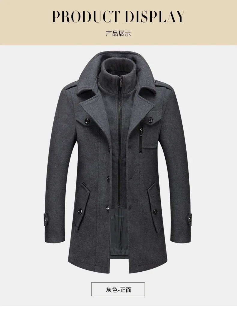 New Collection 2024-2025 Winter Mens Woollen Jacket High-quality Business Casual Jackets Male Long Style Stand Collar Solid Color Thicken Warm Wool Coats