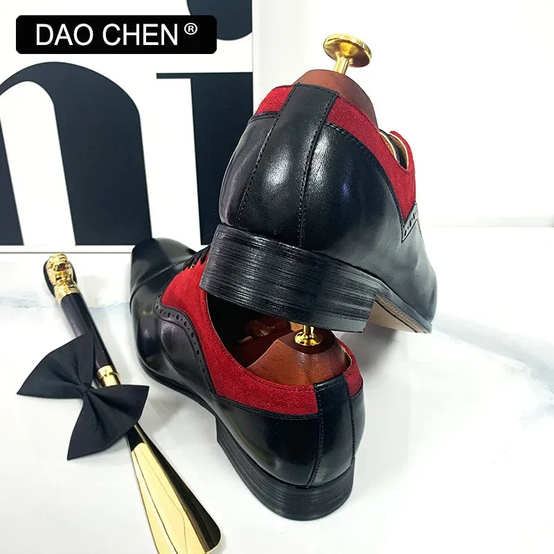 NEW 2024 LUXURY MEN'S OXFORD SHOES LACE UP BLCK MIXED RED SUEDE CASUAL MENS DRESS SHOES REAL LEATHER OFFICE WEDDING SHOES FOR MEN