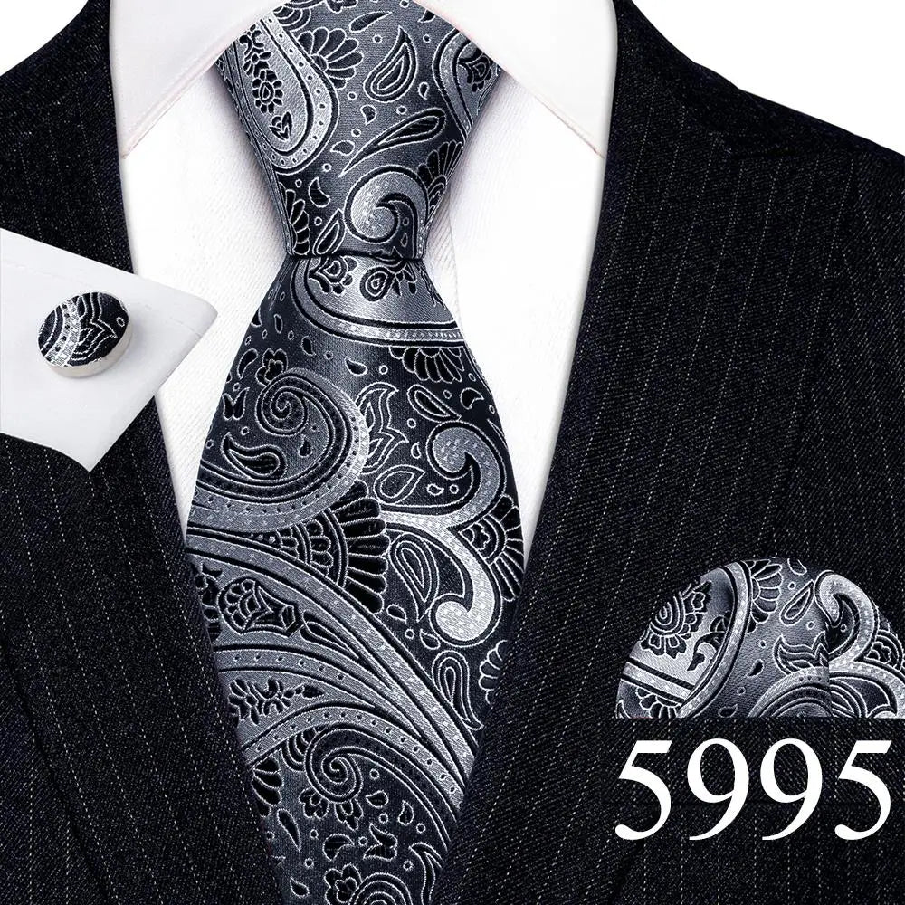 Fashion Mens Ties Set Silk Gray Black Silver White Striped Plaid Solid Paisley Floral Neck Tie Hankderchief Cufflinks Barry·Wang