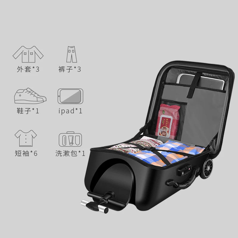 2024 New design lazy baby sit on scooter luggage kids carry on travel suitcase bag boarding skateboard creative trolley case