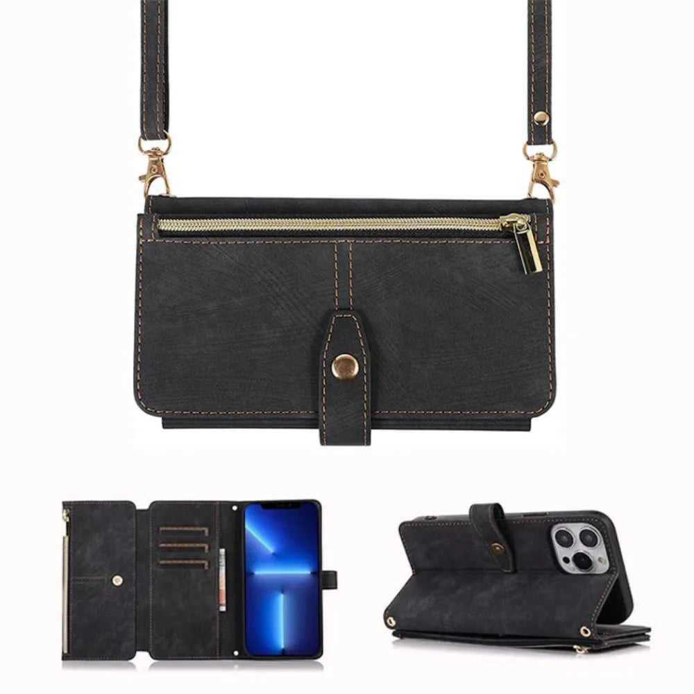 Crossbody Lanyard Card Slot Wallet Flip Case for iPhone 15 14 13 12 11 Pro Max Mini X XS 8 7 Plus SE 2020 2022 PU Leather Cover