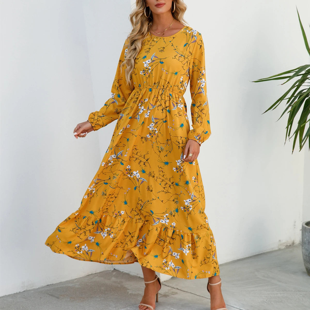 New Autumn 2025  Women Chiffon Dresses spring celebration Dress Mujer Vestidos Female Vintage Floral Print Full Sleeve A-line Long Maxi Dresses