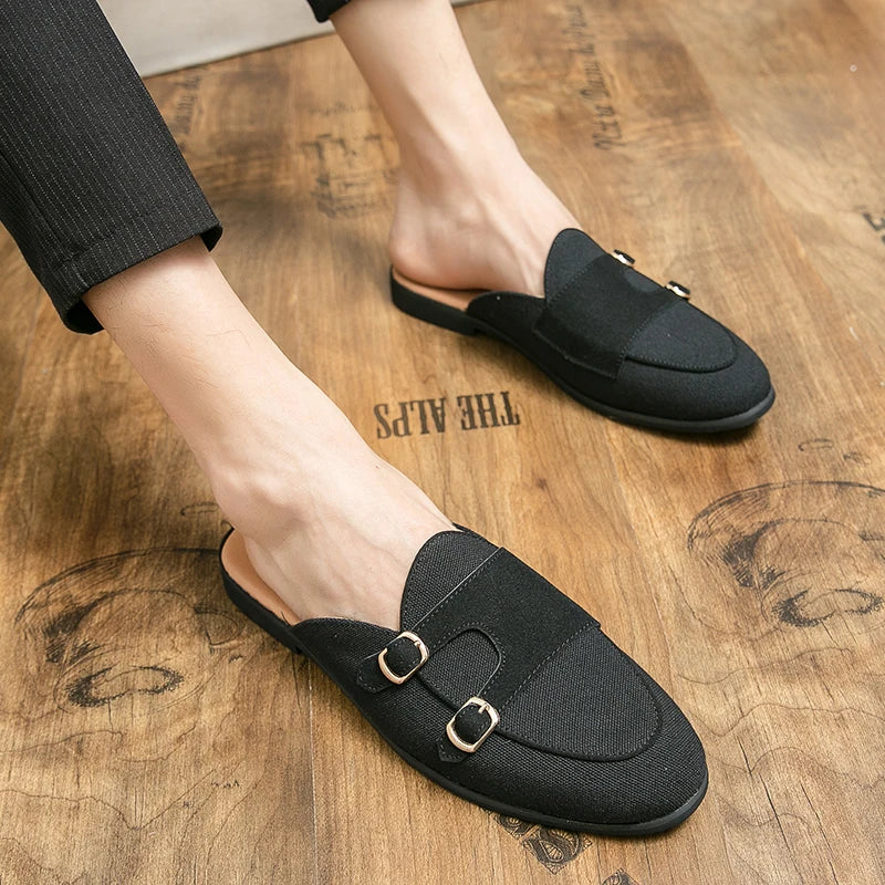 NEW 2025 Suede Leather Shoes Men's Casual Luxury Brand Handmade Muller Loafers Men Slip-On Flats Driving Dress Shoes Half Slippers 38-48