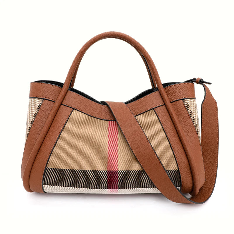NEW 2024-2025 New Retro Checkered Women's Handbag Fashionable and Advanced Large Capacity Canvas with Cowhide Mother and Child Bag