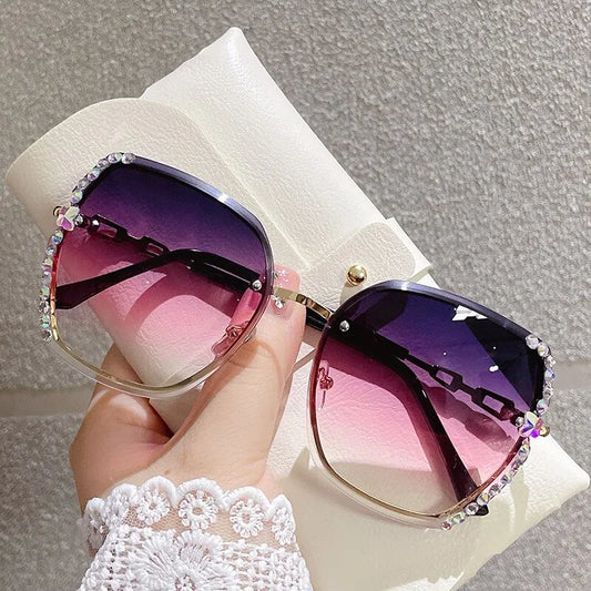 Summer Tme Rhinestone Decor Rimless Fashion Sunglasses For Women Men Casual Gradient Glasses For Summer Beach Party, UV400