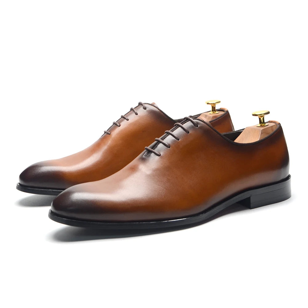 Brand Designer Whole Cut Oxford Dress Shoes Men Genuine Leather Handmade Lace Up Plain Toe Business Office Formal Wedding Shoe