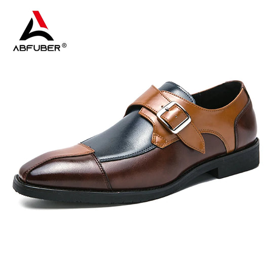 Brand new 2024-2025 Classic Monk Leather Man Shoes Color Block Round-Toe Buckle Business Dress Leather Shoes Man Casual Wedding Party Shoes For Man