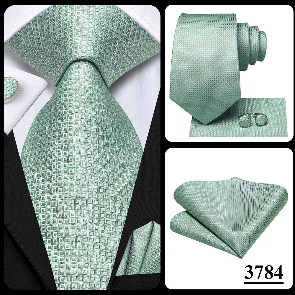 Hi-Tie Solid Green Orange Mens Fashion Necktie Handkerchief Cufflinks for Tuxedo Accessory Classic Silk Luxury Tie for Man Gift