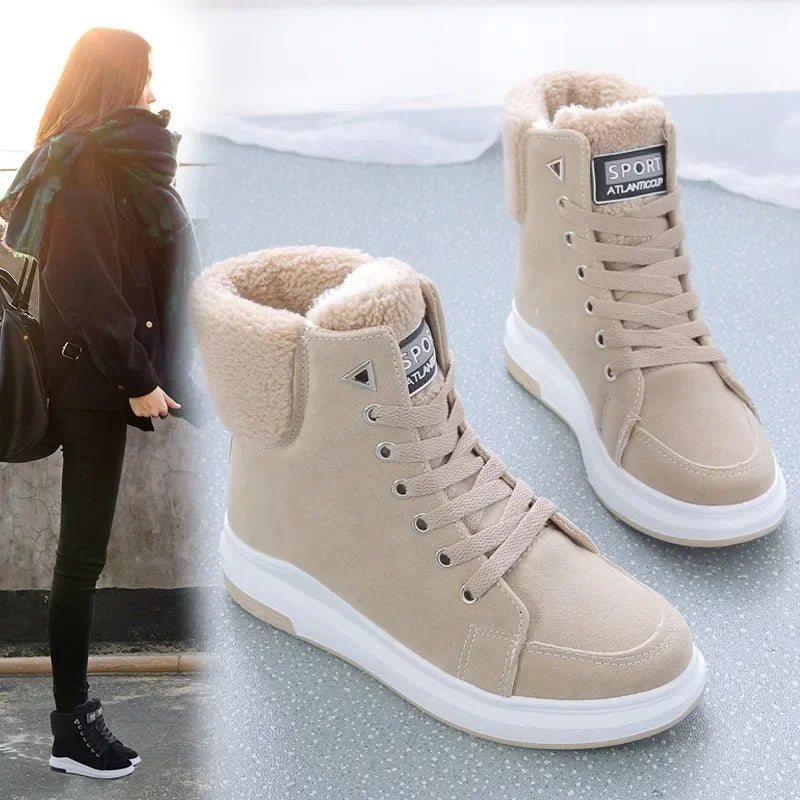 NEW 2024 Winter Boots Women Ankle Boots Warm PU Plush Winter Woman Shoes Sneakers Flats Lace Up Ladies Shoes Women Short Snow Boots