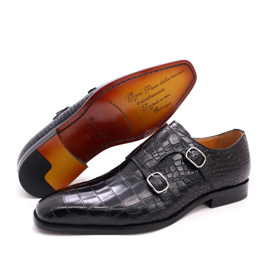 Big Size 12 Mens Monk Strap Dress Shoes Genuine Leather Luxury Crocodile Print Double Buckles Pointed Toe Wedding Shoes for Men WE offer 10% off and FREE SHIPPING