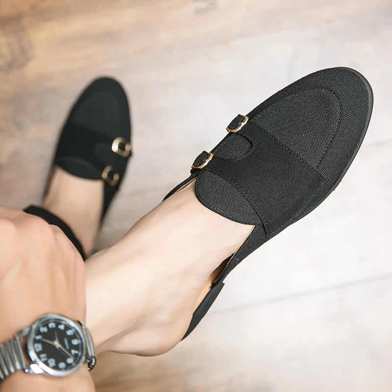 NEW 2025 Suede Leather Shoes Men's Casual Luxury Brand Handmade Muller Loafers Men Slip-On Flats Driving Dress Shoes Half Slippers 38-48