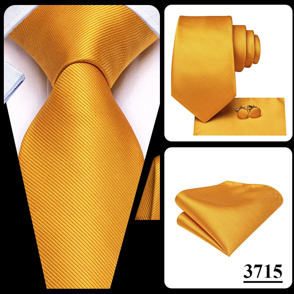 Hi-Tie Solid Green Orange Mens Fashion Necktie Handkerchief Cufflinks for Tuxedo Accessory Classic Silk Luxury Tie for Man Gift