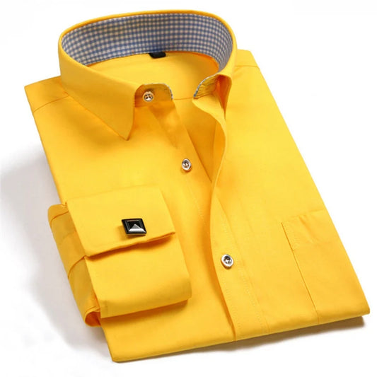 Brand NEW 2024-2025 Fashion Mens French Cufflinks Dress Shirts Long Sleeve Yellow White Blue Social Business Regular Fit Wedding Party Shirt For Man