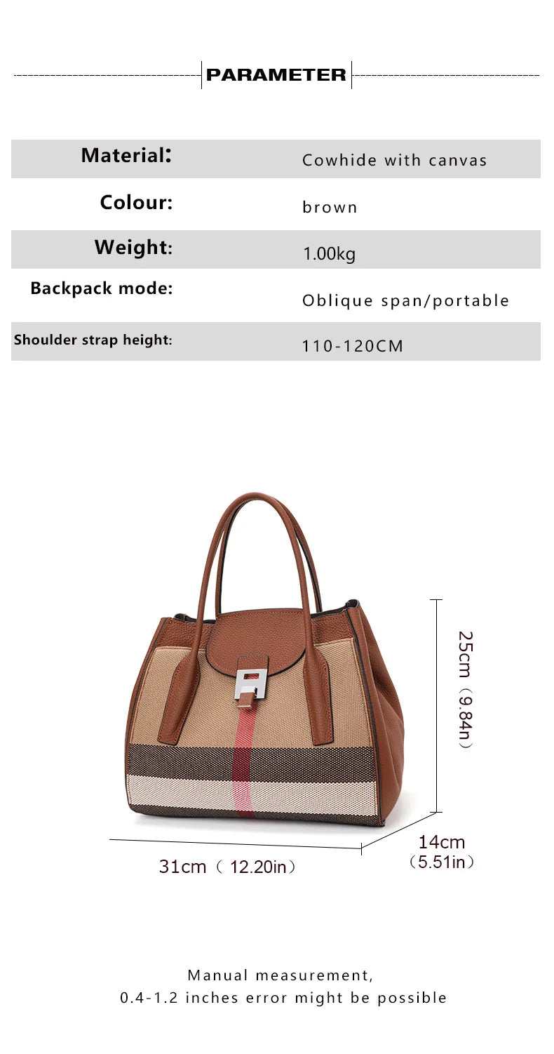 New 2024-2025 Checkered women's handbag 2024 fashionable canvas genuine leather bag large capacity multifunctional cowhide wing bag