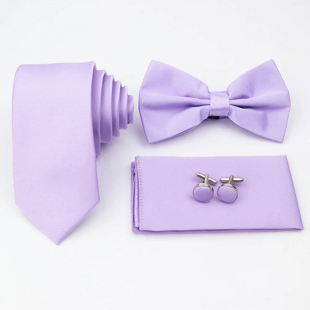 Hot Sale Pink Purple Sage Green Tie Set Polyester Necktie Bowtie Cufflink Brooch For Groom Suit Wedding Cravat Shirt Accessory