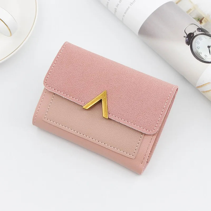 2024 New Leather Women's Wallet Retro Small Fresh Metal Heart Pattern Short Card Holder Solid Color Soft Surface Student Coin Purse
