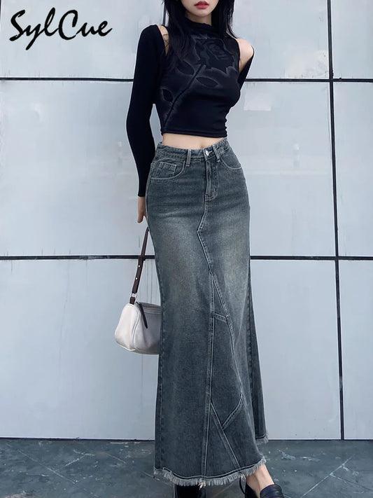 Sylcue Retro Classic All-Match Vitality Casual Commuter Outing Tight Sexy White Irregular Women'S Long Denim Skirt Girl Cool